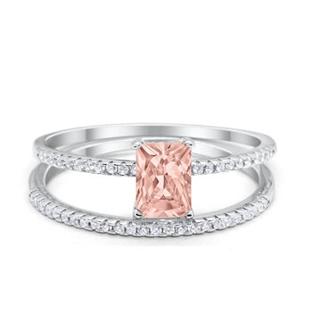 Art Deco Two Piece Wedding Ring Radiant Simulated Morganite CZ 925 Sterling Silver